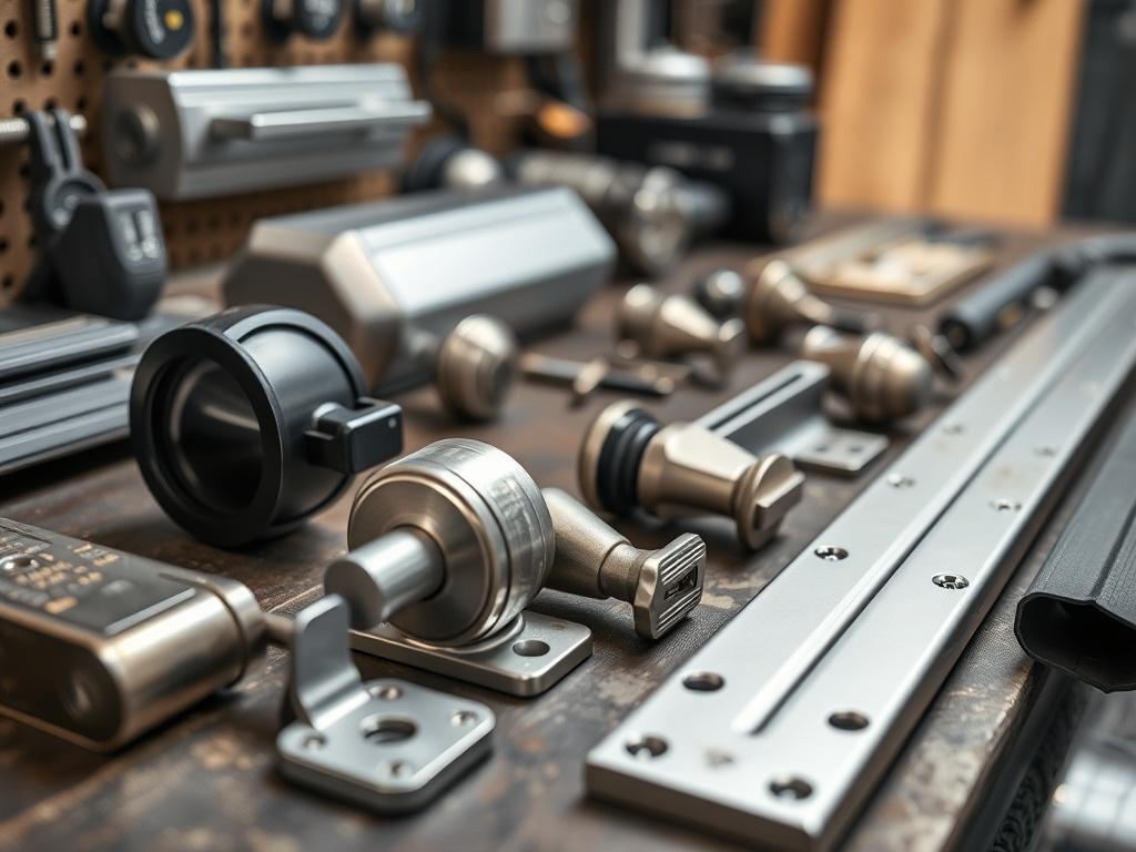 A close-up shot of various door hardware options laid out on a workbench, including locksets, closers, and weather seals. The focus should be on the quality and variety of hardware available for upgrading doors.