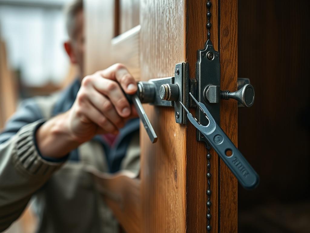 A close-up shot of a skilled craftsman repairing a wooden door with tools in hand, focusing on the door's intricate hardware. The background should be soft and blurred, emphasizing the craftsmanship involved in the repair process.
