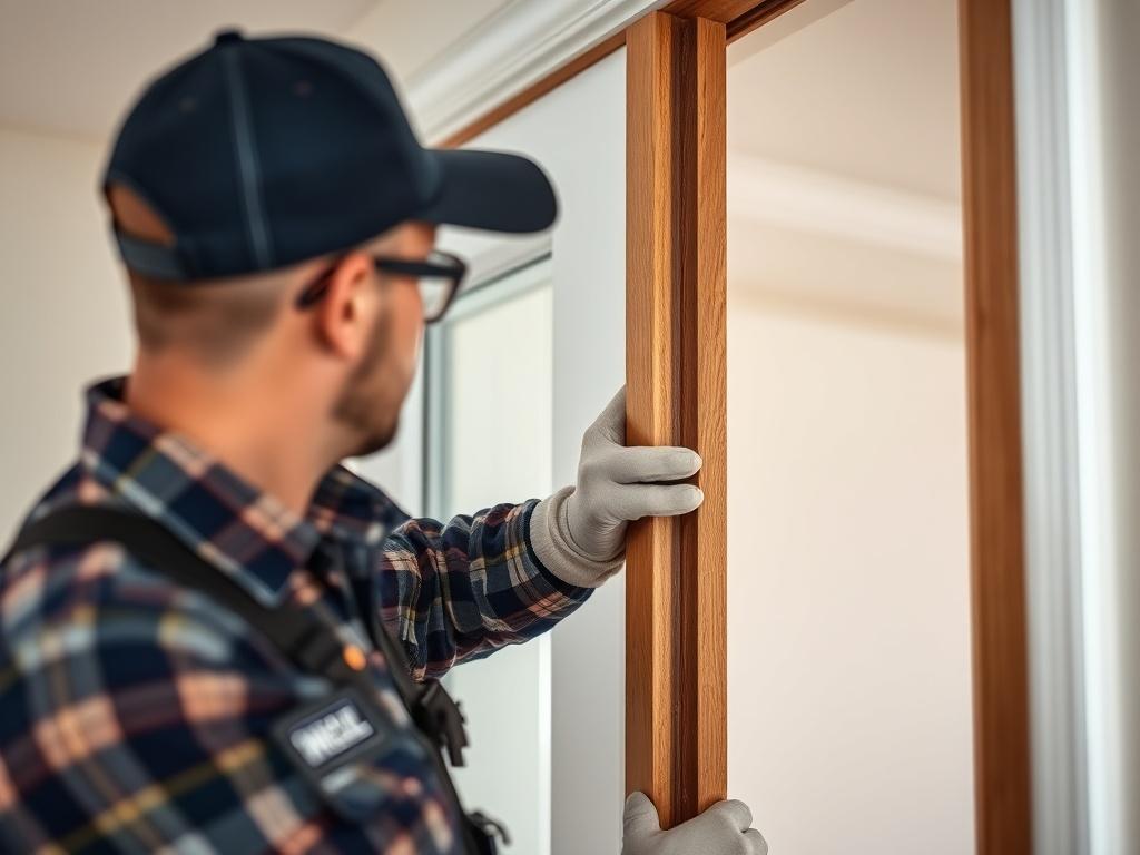 A close-up shot of a professional installer fitting a new door into its frame, showcasing precision and care. The background should be neutral, highlighting the door's design and the installation process.