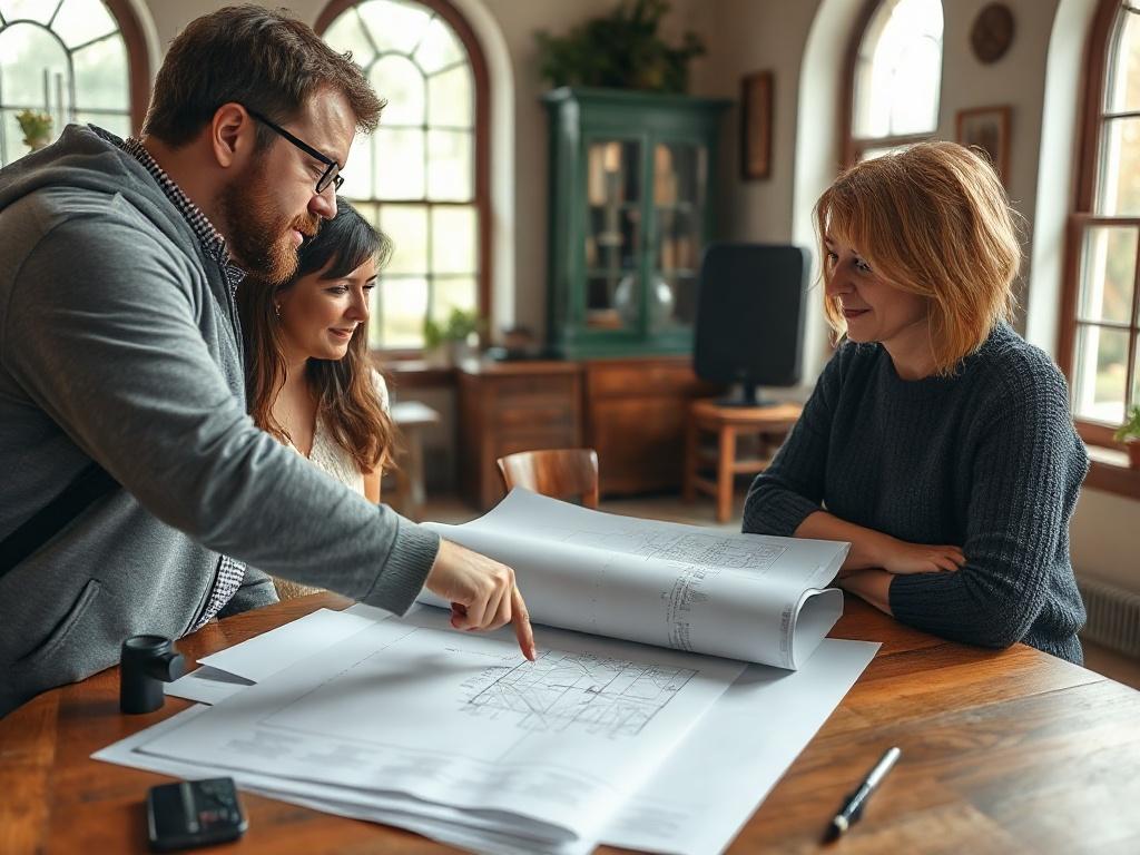 A close-up shot of a consultation session taking place in a historic building. The consultant is discussing plans with a homeowner, pointing at blueprints spread on a table. The background includes vintage decor, highlighting the building's historical significance.