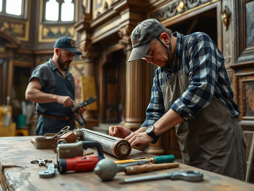 A close-up shot of craftsmen repairing ornate woodwork in a historic building. Tools are neatly arranged nearby, while the background showcases detailed architectural elements in need of restoration. The focus is on the craftsmanship and dedication to preserving history.