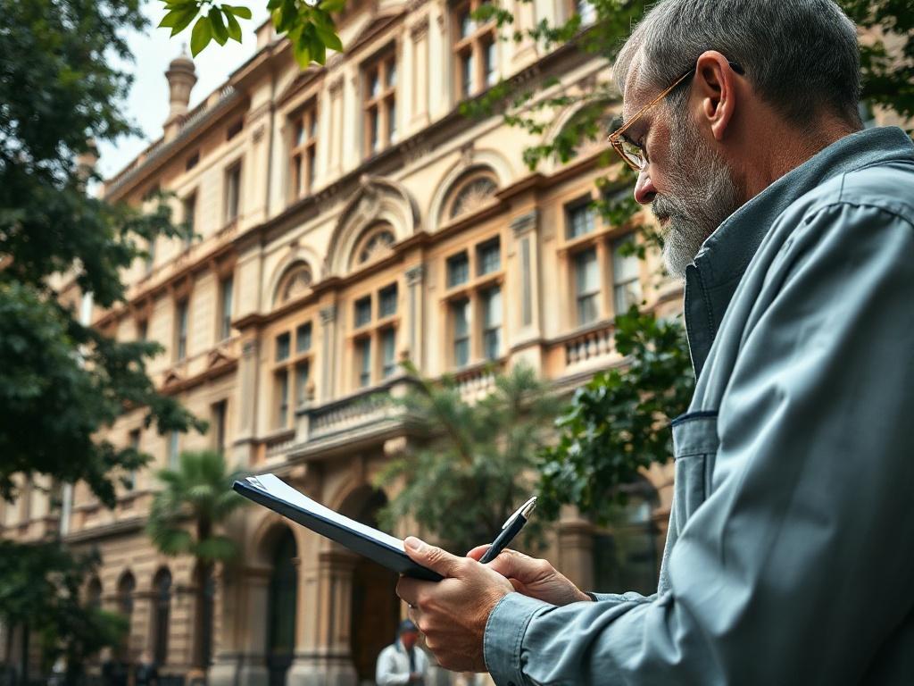 A close-up shot of an expert evaluating a historical building's facade, showcasing intricate architectural details. The expert is using a notepad and pen, with a measuring tape visible. The background features a well-preserved historic structure surrounded by greenery, emphasizing its beauty and significance.