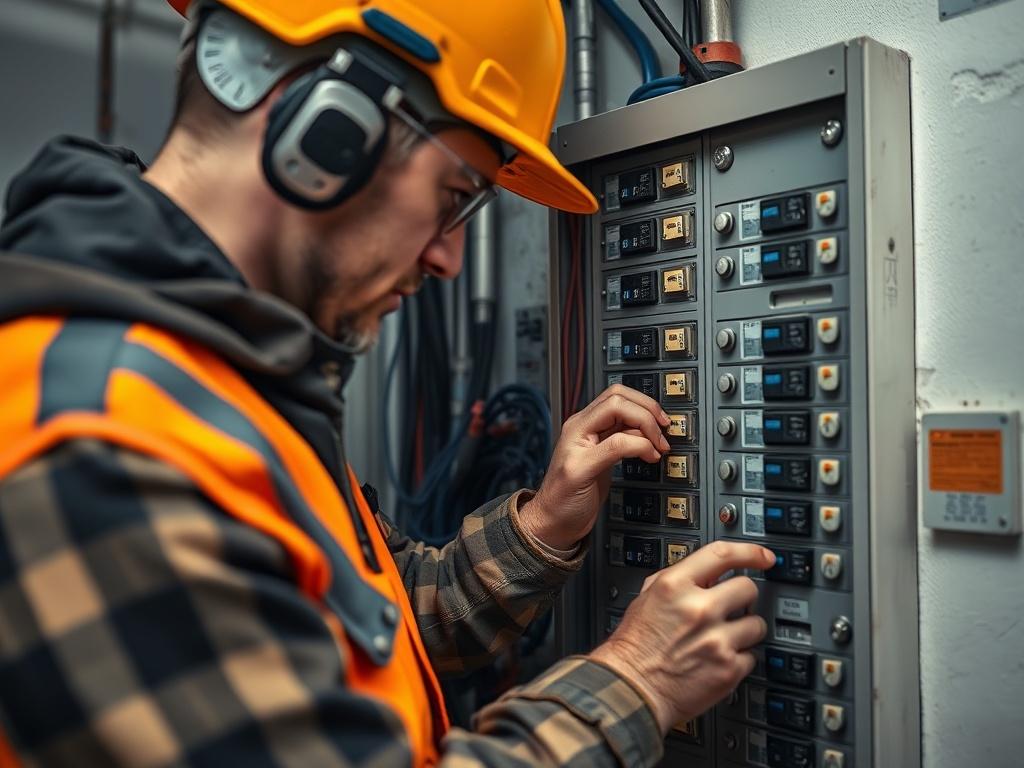A realistic high-resolution photo of an electrician working on a circuit breaker panel, with tools and equipment visible. The technician is wearing safety gear and focused on the task, with a clean and organized workspace in the background. The image highlights the importance of safety and expertise in electrical work.