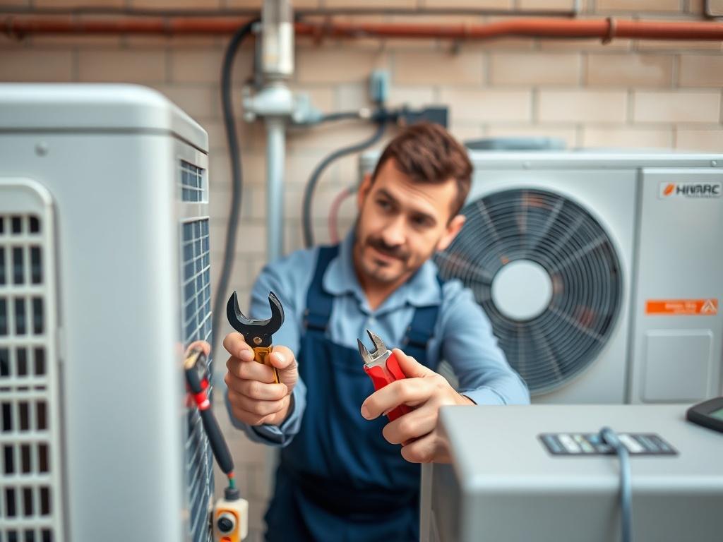 A realistic high-resolution photo of an HVAC technician performing maintenance on an air conditioning unit. The technician is focused and methodical, with tools in hand, surrounded by a clear and professional workspace. The background features an outdoor setting with an AC unit, emphasizing the importance of HVAC expertise. The image conveys professionalism and attention to detail.