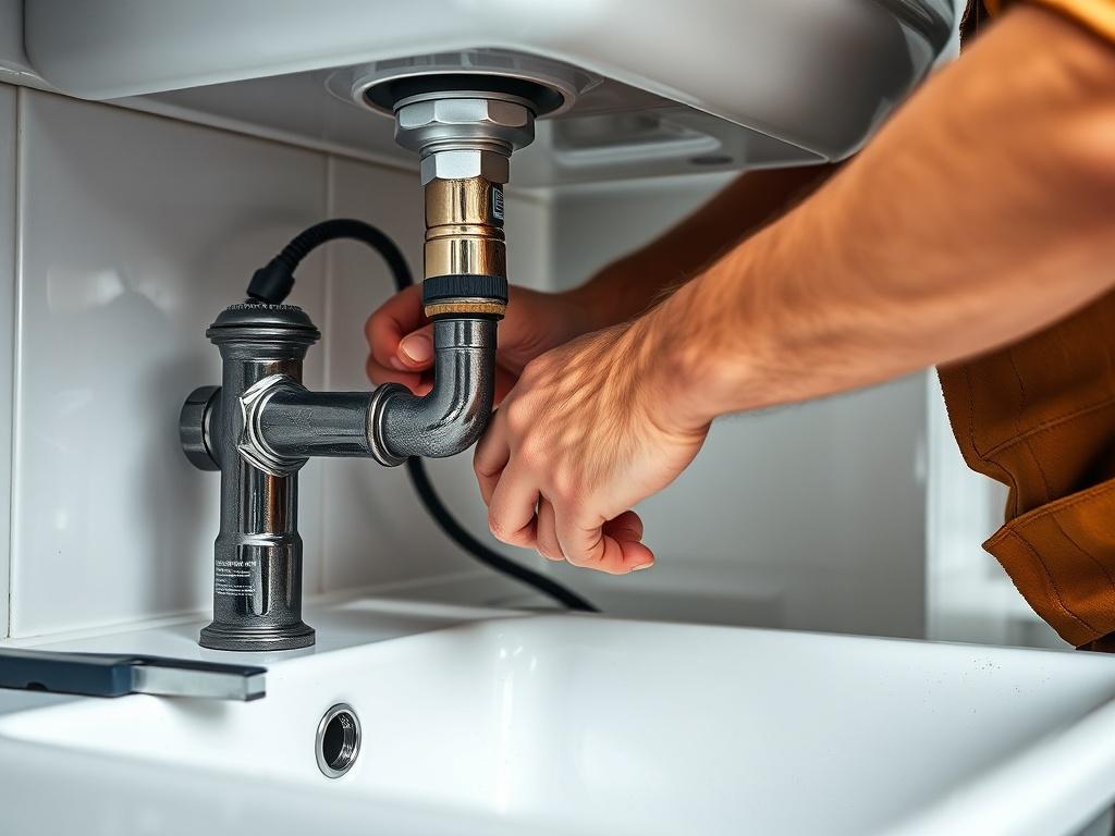A realistic high-resolution photo of a skilled plumber working on a sink installation, showcasing tools and plumbing materials. The scene should be well-lit, with a focus on the plumber's hands as they connect pipes. The background should be a modern kitchen with a clean and organized appearance. The image captures the essence of craftsmanship and quality in plumbing work.