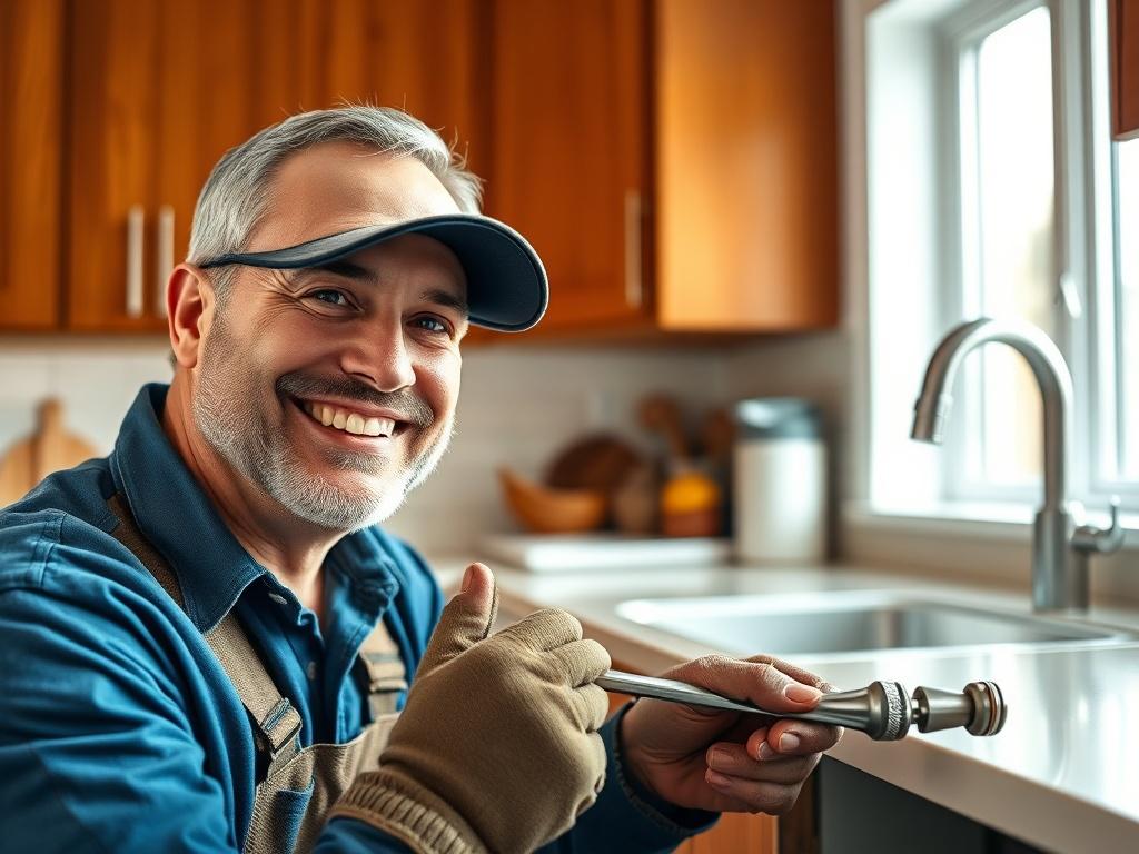 **Prompt for AI Image Generator:**

Create a realistic high-resolution photo featuring a skilled plumber in the midst of performing routine maintenance on a residential plumbing system in a modern Omaha home. The focus should be on the plumber, a middle-aged man with a friendly smile, wearing a blue work shirt and protective gloves, as he inspects under a kitchen sink. Capture him holding a wrench, showcasing his expertise and attention to detail.

For the background, include a tidy and well-lit kitchen wit