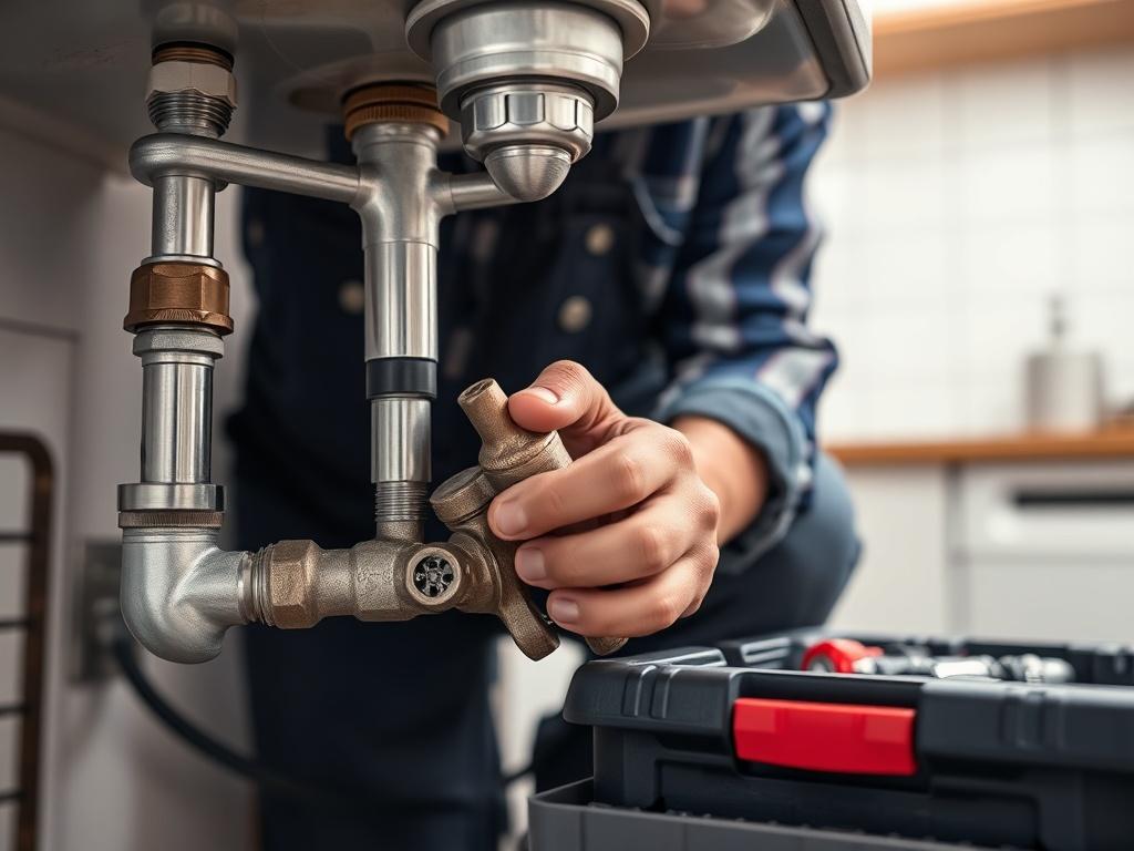 A close-up of a professional plumber working on a pipe under a sink, showcasing meticulous craftsmanship. The focus is on the plumber's hands as they handle tools, with a well-organized toolbox nearby. The background is a clean kitchen setting, emphasizing a blend of professionalism and attention to detail.