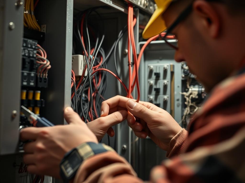 An electrician expertly wiring a circuit box, showcasing their attention to detail and safety. The focus is on the electrician's hands as they work with wires and tools. The setting is a well-lit basement, conveying a sense of professionalism and quality work being performed.