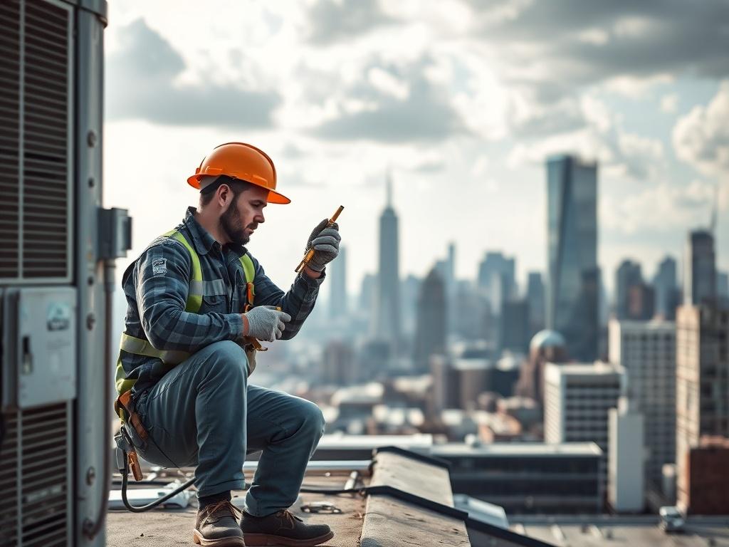 A technician installing an HVAC unit on a rooftop, demonstrating skilled craftsmanship. The technician is focused on the task, with tools and safety equipment visible. The city skyline is in the background, highlighting the importance of quality HVAC systems for urban living.