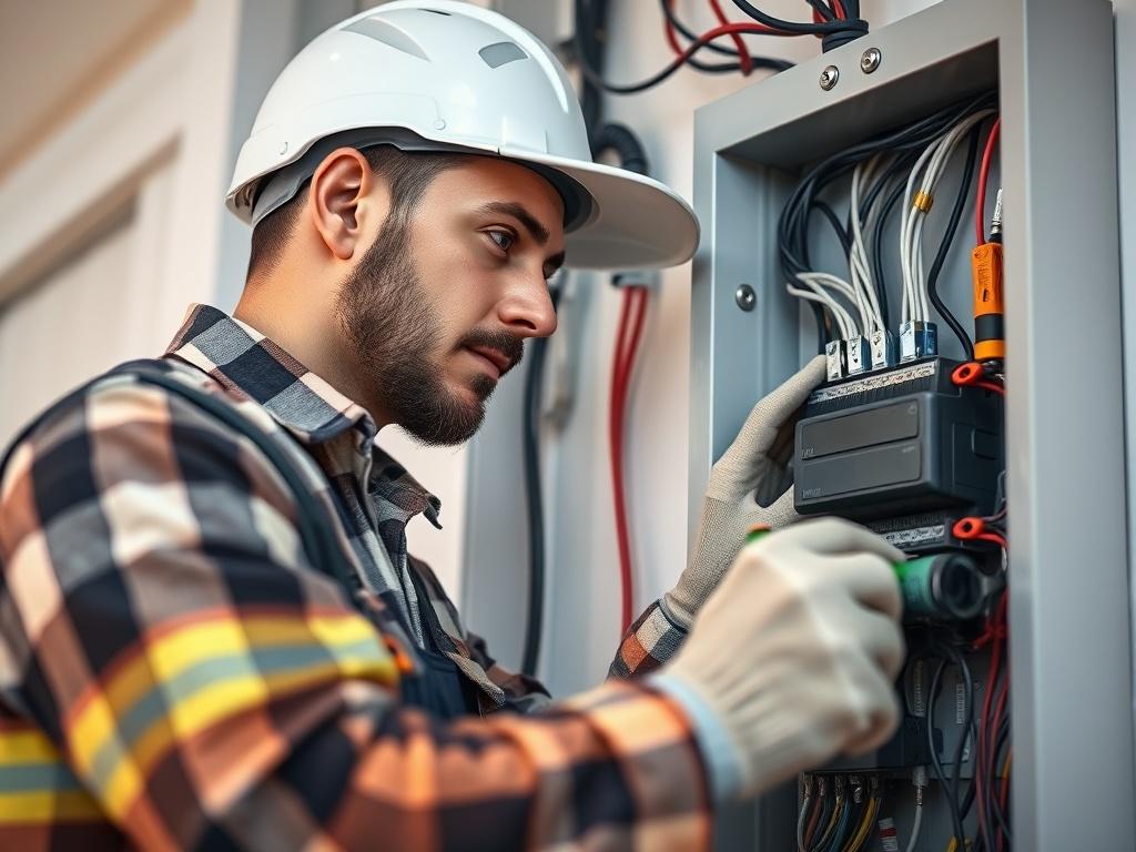 A close-up shot of an electrician installing a new electrical panel in a home. The image highlights the modern equipment and tools used, with a background suggesting a clean and organized workspace. The focus is on the electrician's careful attention to detail and safety practices.