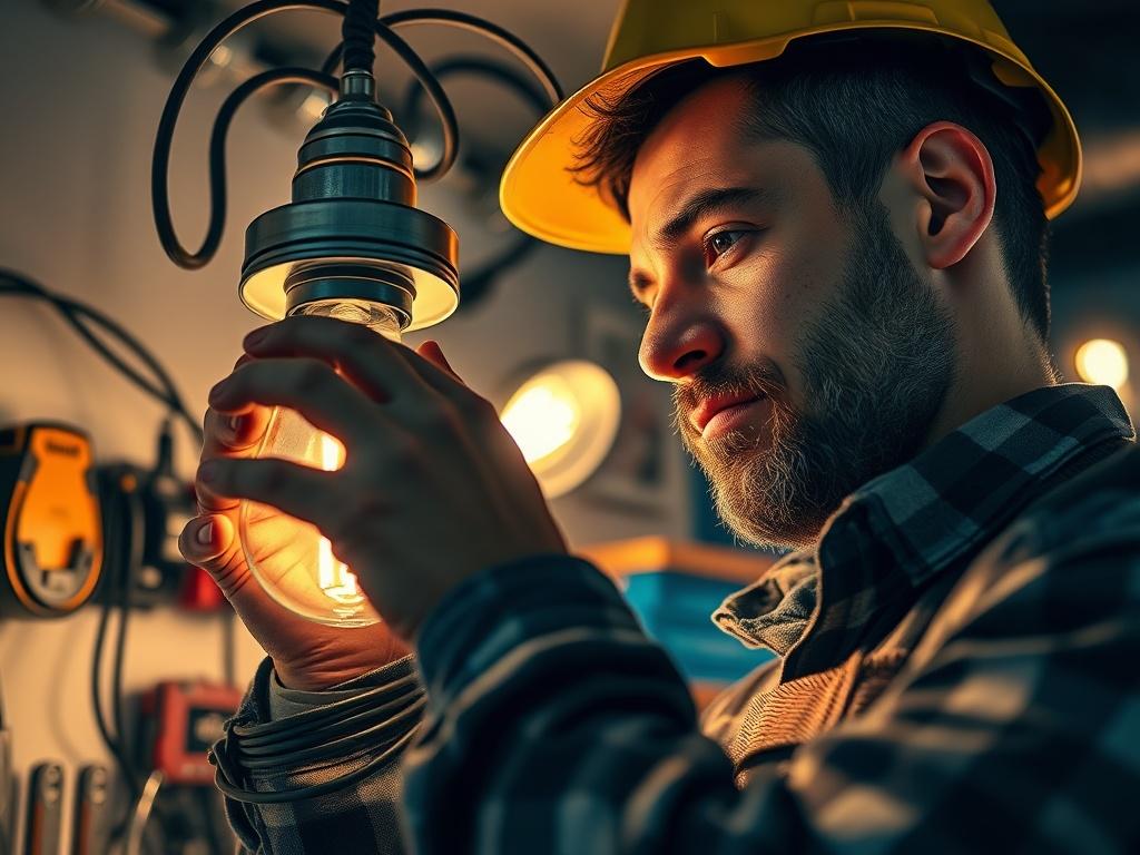 A close-up photograph of an electrician repairing a light fixture, showcasing hands-on work. The background includes tools and electrical components, with a focus on the precision of the repair process. The lighting is warm and inviting, emphasizing the professionalism of the task.