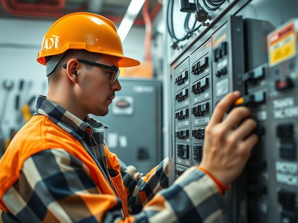 A close-up shot of an electrician inspecting a circuit breaker panel, showing focused attention to detail. The background features a well-organized workshop with tools. The lighting is bright, emphasizing the electrician's safety gear and the panel, creating a professional atmosphere.