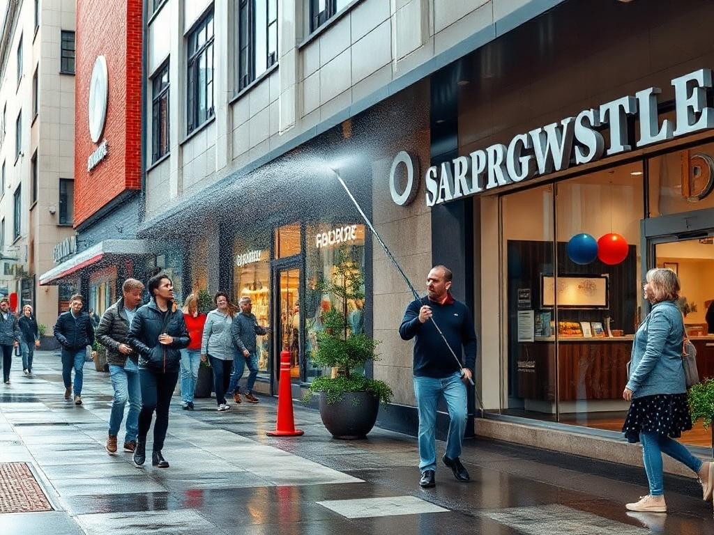 A hyper-realistic image of a commercial building being pressure washed, emphasizing the contrast between the clean and dirty surfaces. The setting should include a busy shopping area with pedestrians, showcasing the importance of cleanliness for attracting customers.