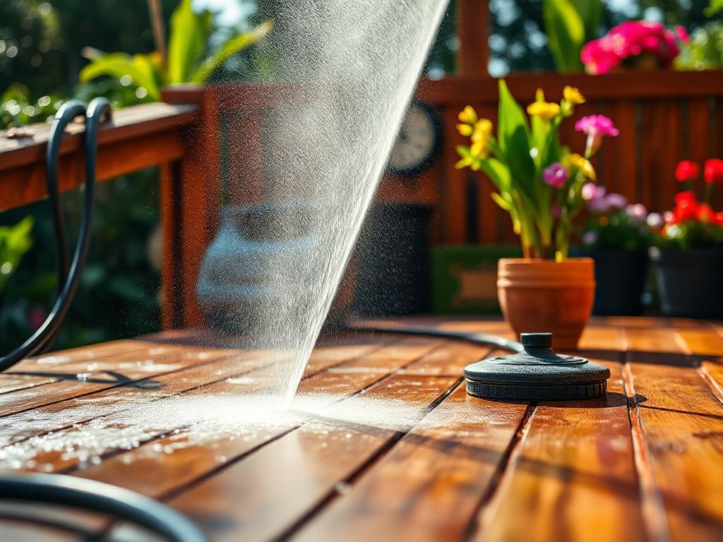A close-up shot of a wooden deck being pressure washed, with visible water spray and dirt being removed. The image should capture the contrast between the clean and dirty areas, set against a vibrant garden backdrop to highlight outdoor living.