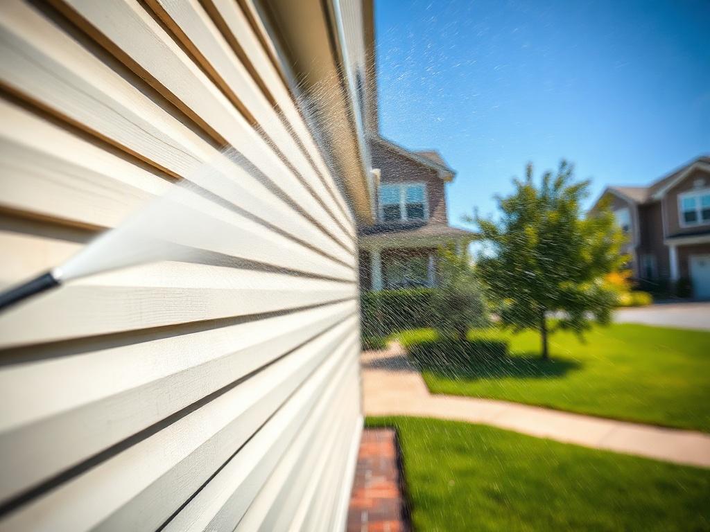A close-up shot of a residential home being pressure washed, showcasing the water spray removing dirt and grime from the siding. The background should feature a clear blue sky and a green lawn, highlighting the freshness and cleanliness of the environment.