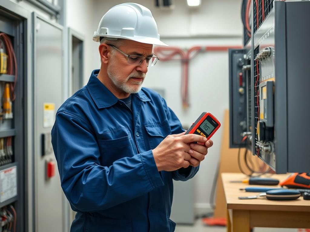 Create a realistic high-resolution image depicting a professional electrician at work. The subject should be a focused electrician, a middle-aged individual wearing a blue safety uniform and a hard hat, carefully inspecting a complex electrical panel in a well-lit indoor environment. The electrician should be holding a voltage tester, demonstrating a precise and safe testing procedure, showcasing their expertise and attention to safety. 

In the background, include a clean, organized workspace with tools ne