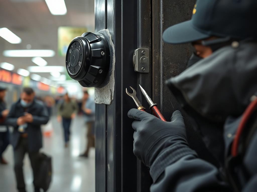 A close-up shot of a technician repairing a broken door lock in a busy environment. The focus is on the technician’s skilled hands, the lock mechanism, and tools, conveying urgency and expertise in emergency repairs.
