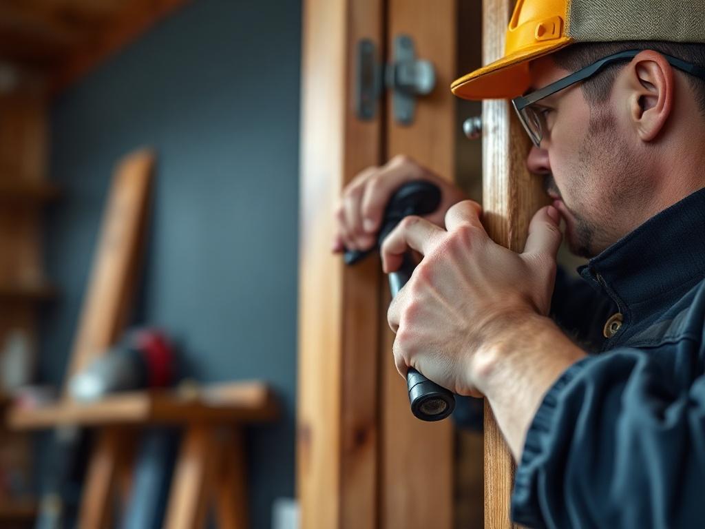 A close-up shot of a professional technician installing a wooden door with precision. The focus is on the technician's hands, tools, and the door frame, highlighting craftsmanship. The background is slightly blurred to emphasize the action, with a warm, inviting ambiance.
