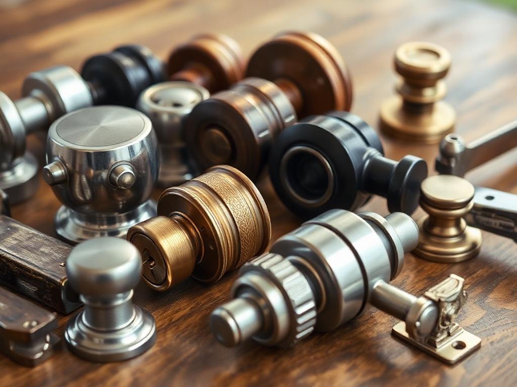 A close-up shot of various door hardware options, such as stylish doorknobs and security locks, displayed on a wooden table. The image highlights the different textures and finishes, showcasing the variety available for customers.