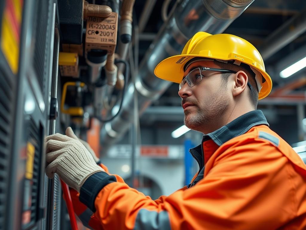 A close-up shot of a skilled technician performing maintenance work on commercial HVAC systems in a busy facility. The technician wears appropriate safety gear, showcasing professionalism and expertise. The background features a well-organized work area with tools and equipment, emphasizing efficiency and safety. The overall color scheme harmonizes with rgb(50, 170, 39), reflecting the brand's commitment to excellence.
