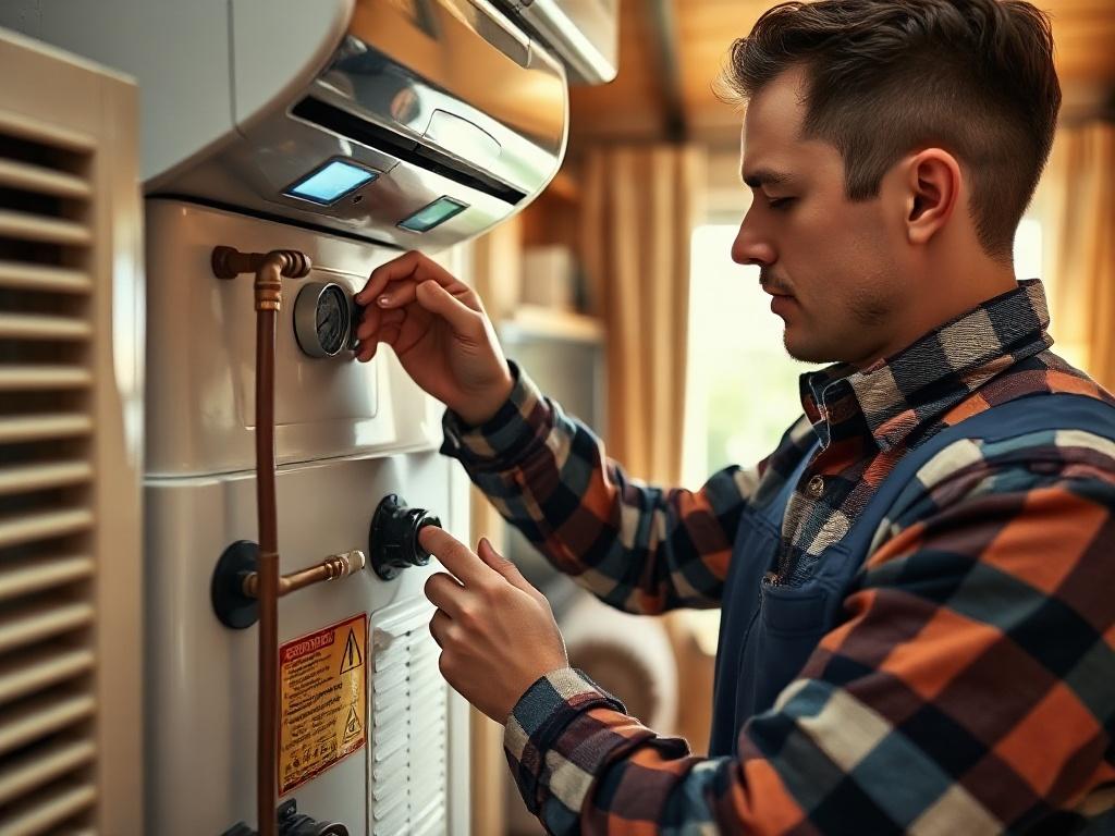 An HVAC technician performing a thorough inspection of a residential heating system in a cozy home environment. The technician is checking gauges and making adjustments, showcasing attention to detail. The background should include a warm and inviting living space, reflecting comfort and reliability. The image should be sharp and bright, captured with a 45mm f/1.2 lens style, emphasizing the technician's professionalism and the importance of HVAC maintenance.