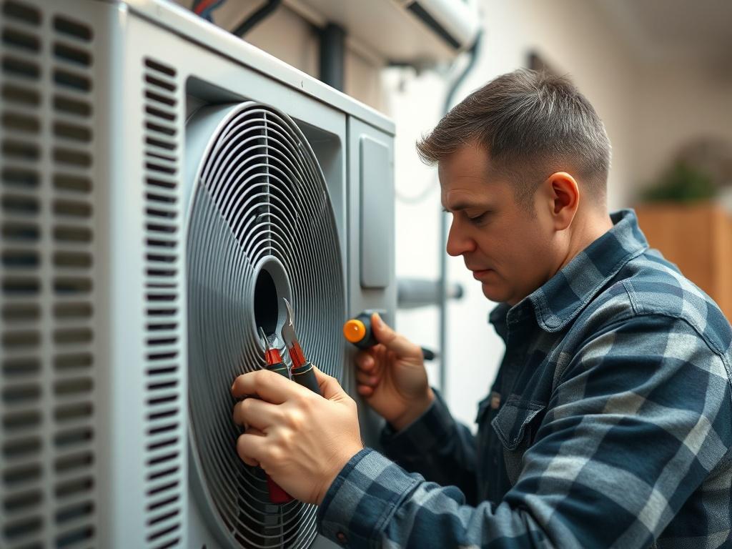 A close-up shot of an HVAC technician performing maintenance on a residential air conditioning unit, with tools in hand, focused on the intricate details of the system. The background should be a well-maintained home environment, emphasizing comfort and reliability. The image should have soft natural lighting with a slight blur on the background to highlight the technician's work, captured with a 45mm f/1.2 lens style.