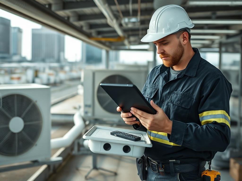 A dedicated HVAC technician analyzing data on a tablet while inspecting a commercial HVAC unit on the roof of a building. The technician is wearing a professional uniform and appears focused, with tools and equipment surrounding him. The background should depict a modern urban setting, showcasing the scale of the HVAC system. The image should be captured with a 45mm f/1.2 lens style, emphasizing the technician's expertise and the complexity of the system.