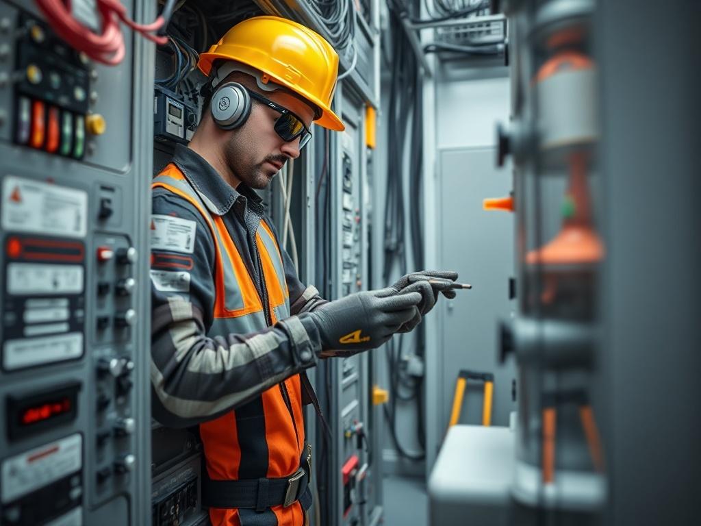 A commercial electrician working on a complex electrical panel, with safety gear and tools. The background should depict a well-organized electrical room, emphasizing professionalism, safety, and technical expertise.