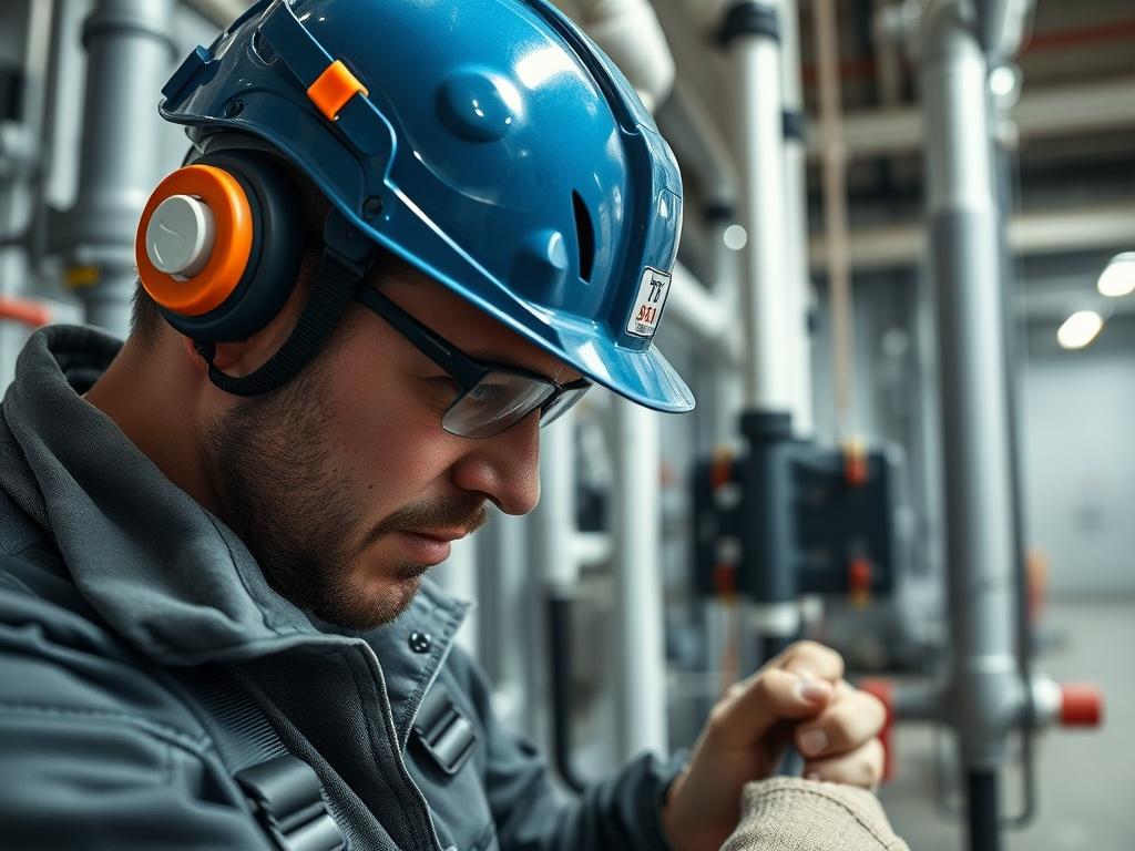 A close-up shot of a commercial plumbing technician working with pipes in a large building, showcasing tools and safety equipment. The background should be a well-maintained plumbing area with clear organization, highlighting professionalism and expertise.