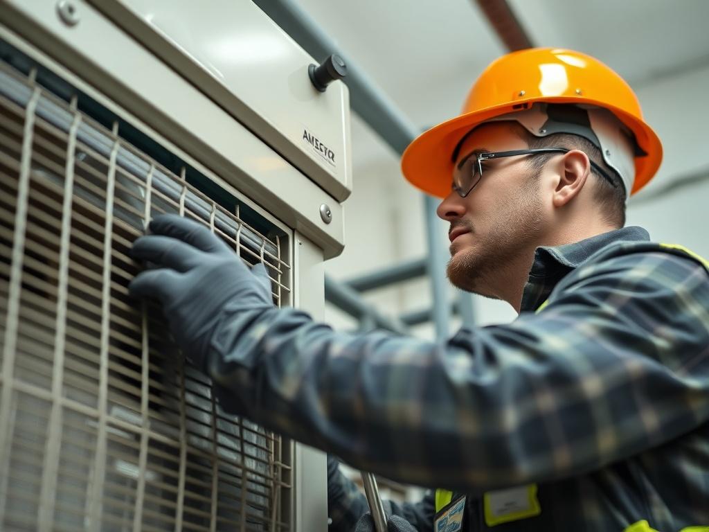 An HVAC technician inspecting and maintaining a commercial air conditioning unit, with tools and safety gear visible. The image should reflect a professional work environment, showcasing attention to detail and the importance of system efficiency.