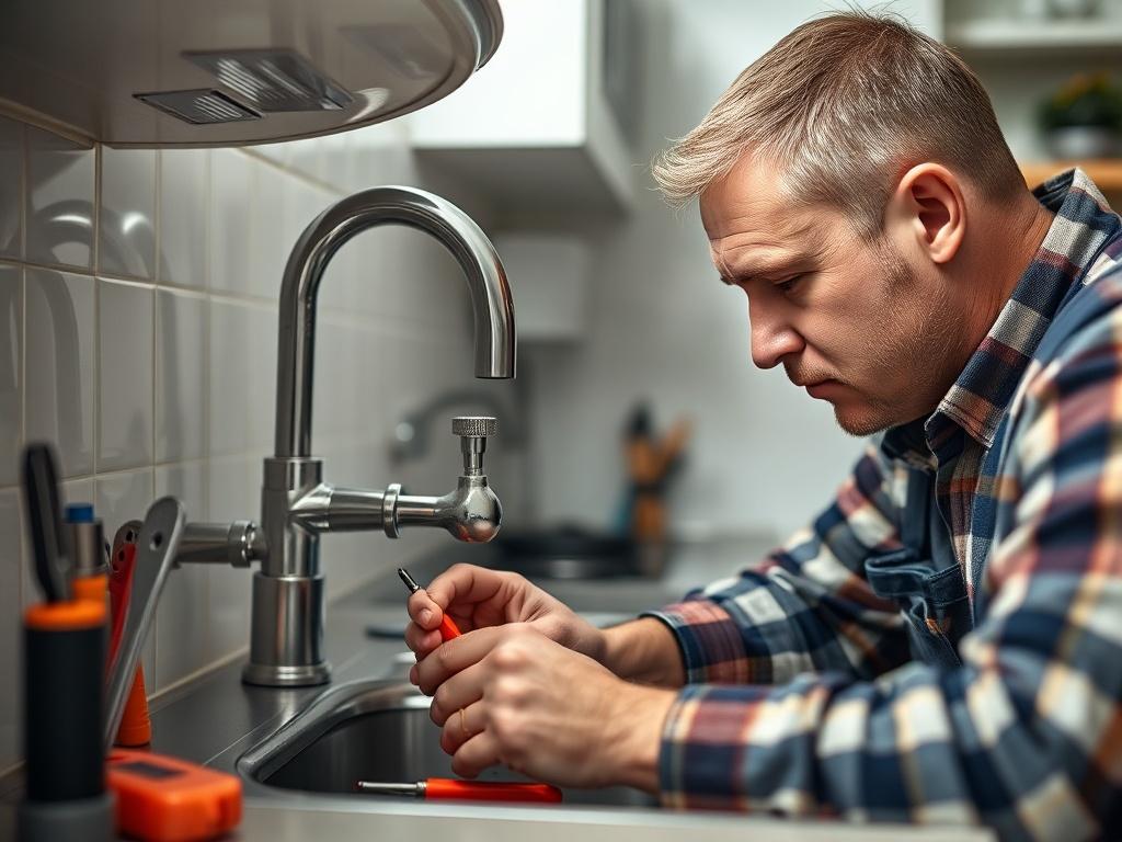 A close-up shot of a skilled plumber repairing a kitchen sink, with tools neatly arranged nearby. The plumber is focused on the task, showcasing craftsmanship. The background is a clean and well-lit kitchen environment, emphasizing professionalism.