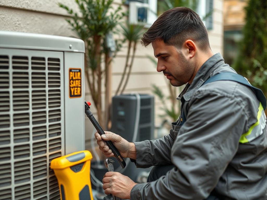 A close-up shot of an HVAC technician carefully inspecting and servicing an air conditioning unit, surrounded by tools. The setting is a well-maintained residential outdoor area, conveying professionalism and expertise.