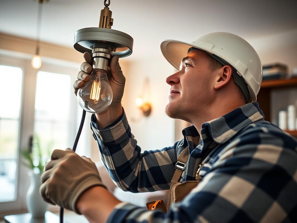 A close-up shot of an electrician carefully installing a new light fixture in a home. The electrician is focused, with tools in hand, and the background shows a stylishly designed room, highlighting professionalism.