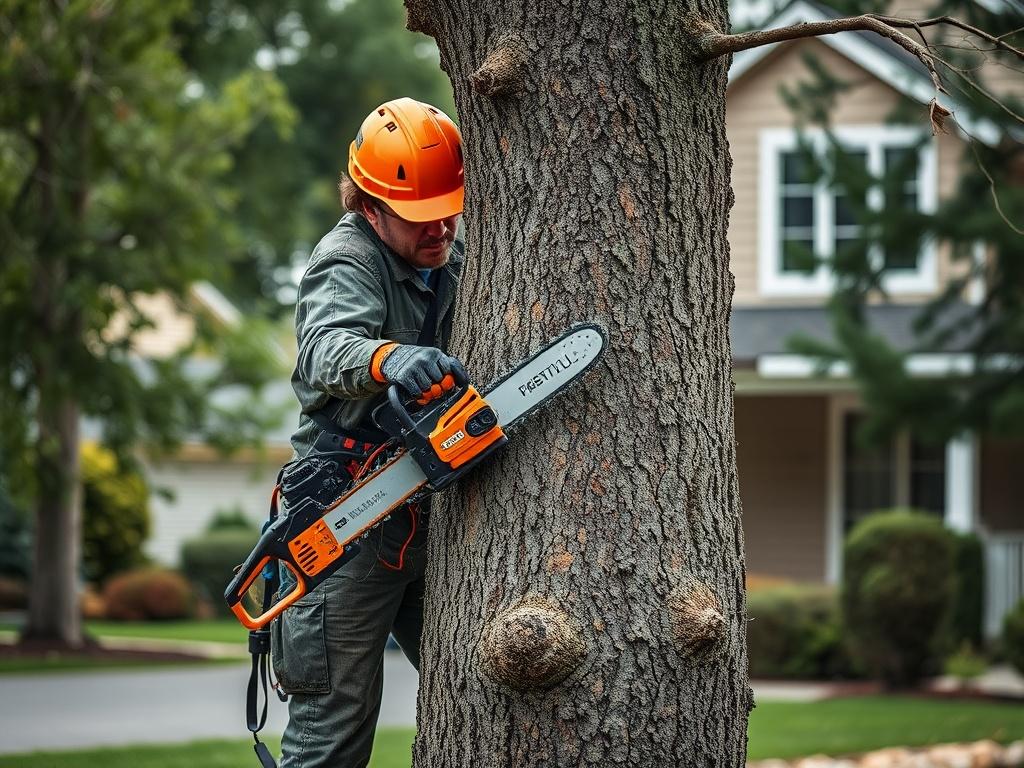 A skilled tree removal technician carefully cutting down a large tree with a chainsaw, showing expertise and safety measures in action. The background features a residential property, emphasizing the need for careful tree management.