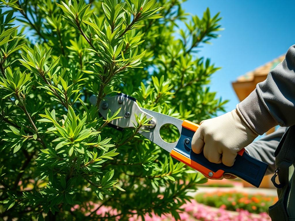 A close-up of a professional tree trimmer using sharp tools to carefully cut branches from a lush green tree. The background shows a well-maintained garden with vibrant flowers and a clear blue sky. The focus is on the trimmer's technique and the tree's healthy foliage.