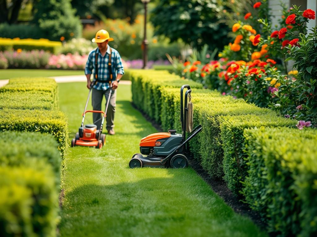 A vibrant scene of a grounds maintenance team mowing a lush green lawn, trimming hedges, and tending to flower beds. The image captures the beauty of a well-kept outdoor space, with bright flowers and healthy plants in the background.