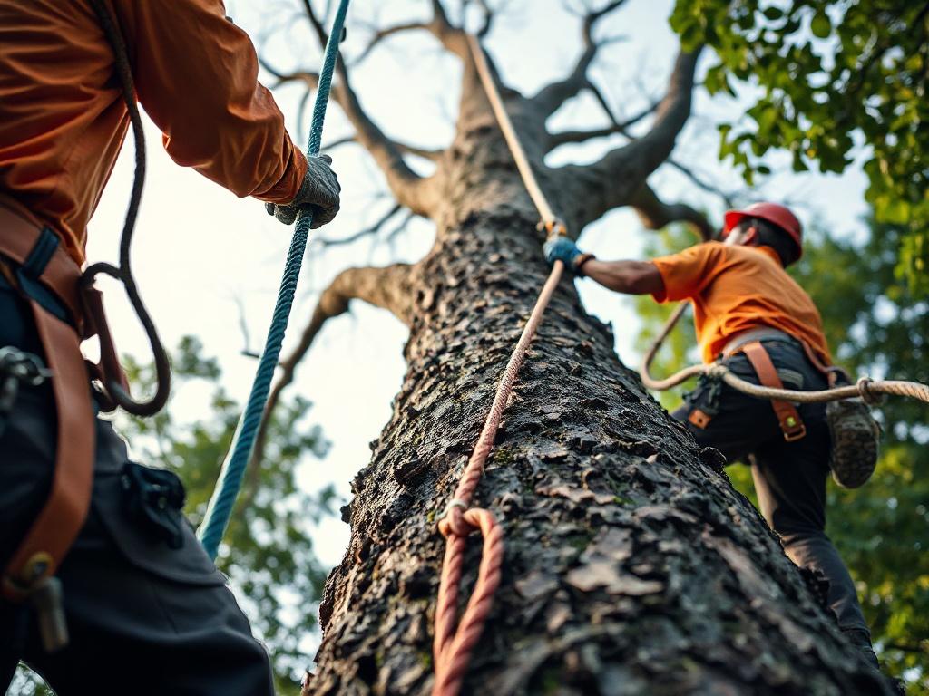 A striking close-up of a tree being safely removed by professionals, showcasing the careful dismantling process with ropes and equipment. The background features a clear sky and surrounding greenery, emphasizing the importance of safety and precision in tree removal.