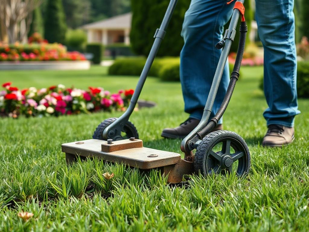 A detailed close-up of a well-manicured lawn being maintained by a groundskeeper using specialized equipment. The image captures the lush green grass and neatly trimmed edges, with a backdrop of flower beds and trees, showcasing the beauty of a well-kept outdoor space.