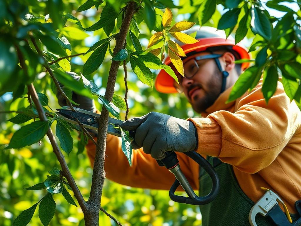 A close-up shot of a professional arborist pruning a tree using high-quality tools, with sunlight filtering through the leaves, creating a natural and serene atmosphere. The focus is on the arborist's careful technique and the healthy branches being trimmed, set against a vibrant green background to emphasize the beauty of nature.