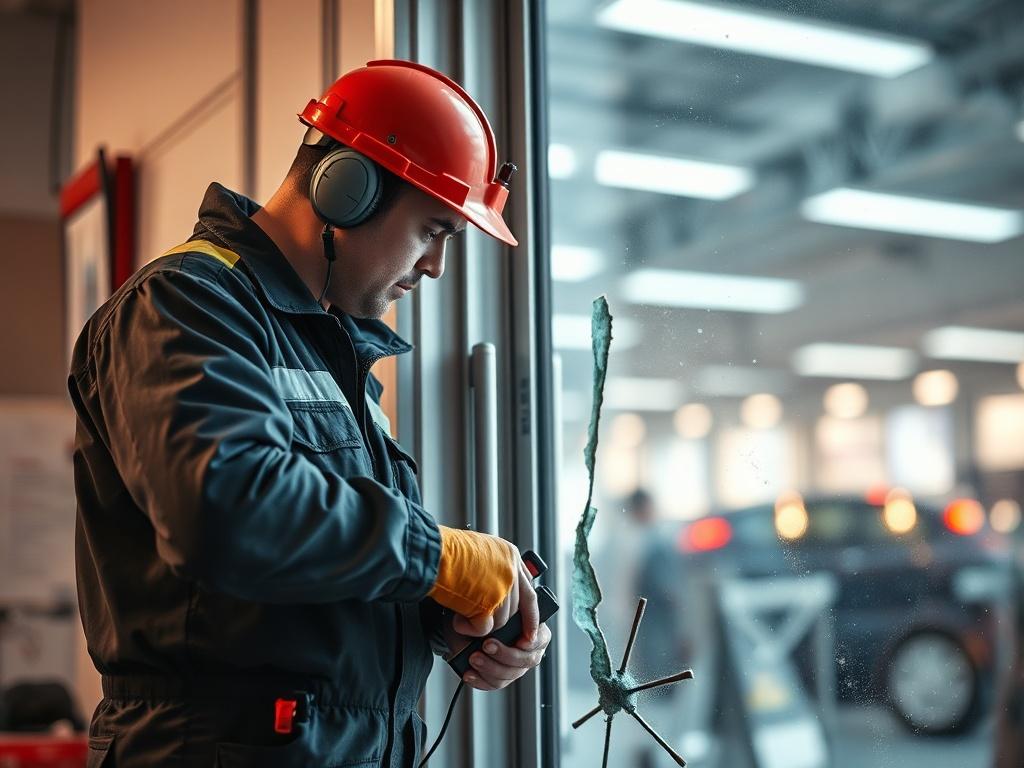 A close-up shot of an emergency repair technician working on a damaged door in a commercial setting. The focus is on the technician's urgent actions as they assess the door's condition, surrounded by emergency tools. The background is softly blurred to convey the urgency of the situation.
