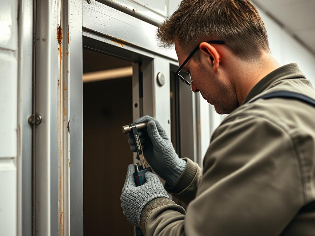 A close-up shot of a technician repairing a door frame in a commercial building. The focus is on the technician's careful adjustments and tools, with a partially visible door showing signs of wear. The background is softly blurred to highlight the repair work.