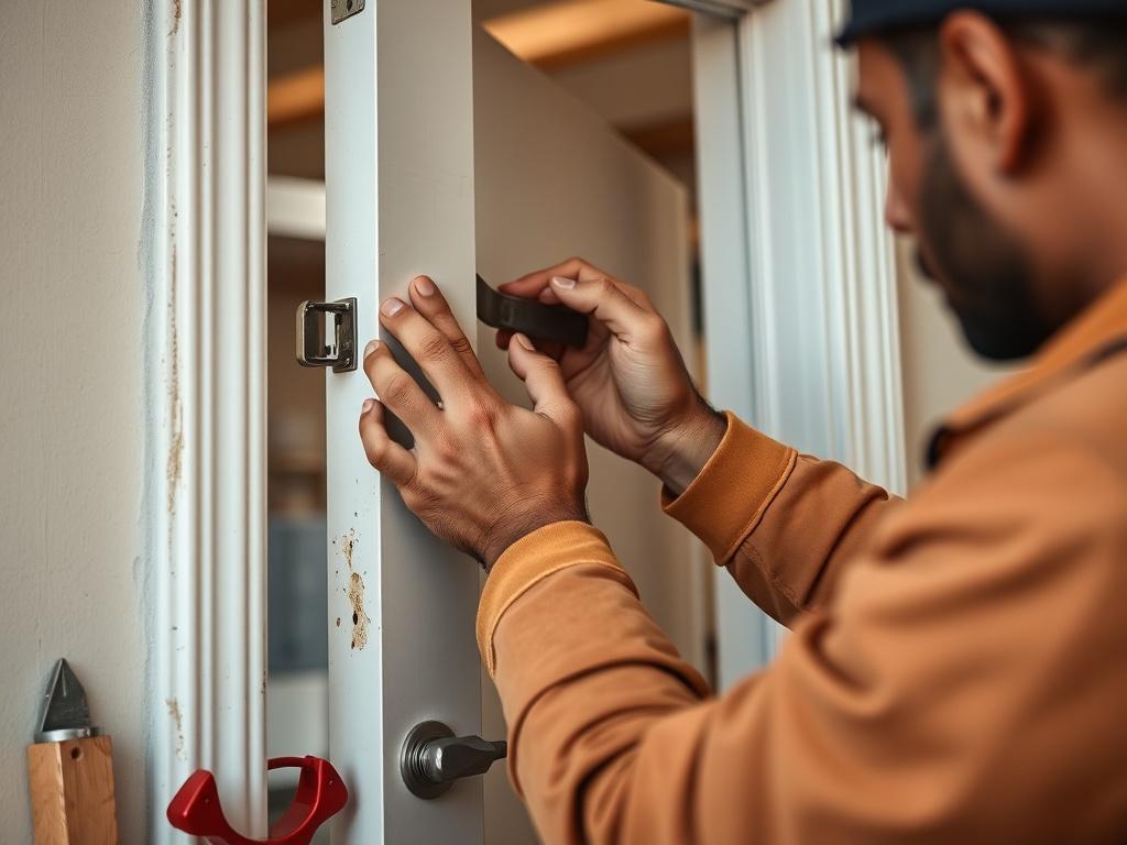 A close-up shot of a skilled tradesperson installing a door in a commercial property. The focus is on the tradesperson's hands as they align the door with precision, surrounded by tools and the partially opened door frame. The background is softly blurred to emphasize the craftsmanship.