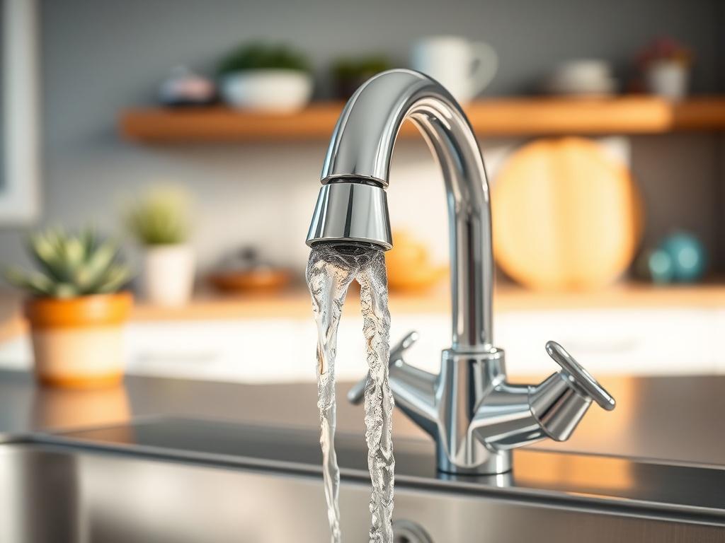 Create a realistic high-resolution photo showcasing a well-maintained home plumbing system. The image should prominently feature a close-up of a shiny, modern kitchen sink faucet with water cascading gracefully from the spout, highlighting its functionality. The faucet should be sleek and contemporary, with a polished chrome finish that reflects light beautifully. 

In the background, softly blurred, include hints of a tidy kitchen with warm, inviting colors—perhaps a glimpse of a neatly organized counterto