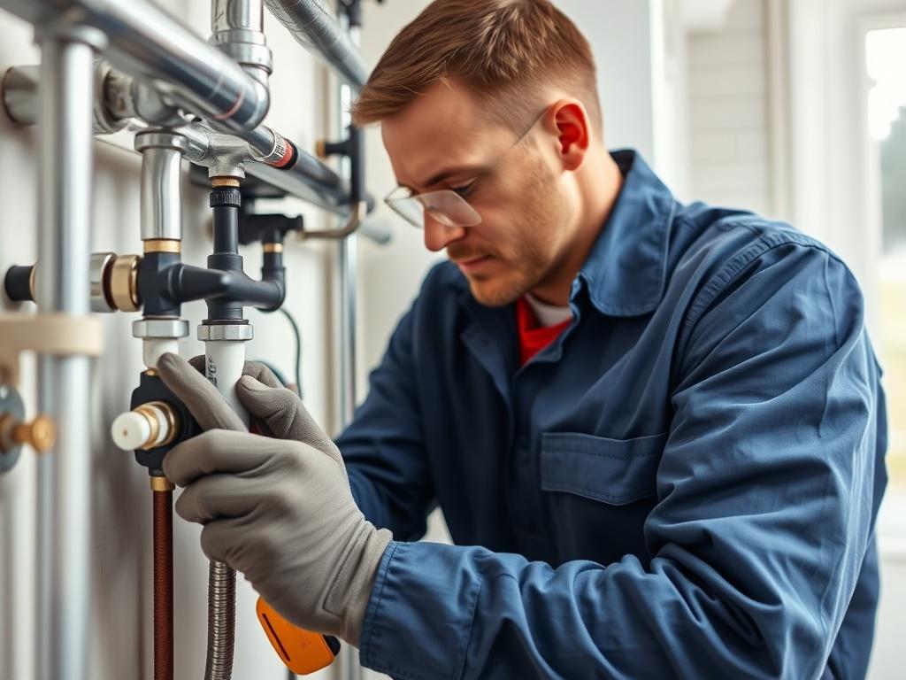 A technician conducting preventive maintenance on plumbing systems in a residential home. The image should showcase the technician inspecting pipes and fixtures with tools in hand. The setting should be a bright and clean space, emphasizing the importance of regular maintenance and care.