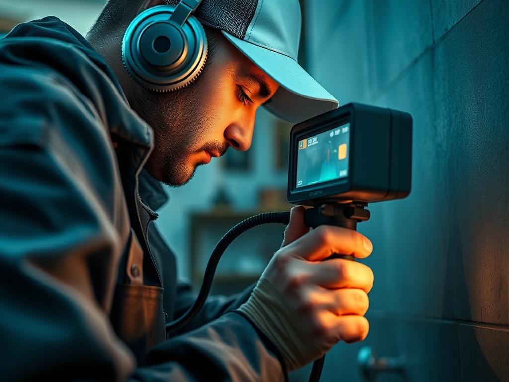 A close-up of a plumber using advanced leak detection equipment in a residential setting. The focus should be on the technician and the tools, with an emphasis on precision and expertise. The background should subtly depict a home environment, highlighting the importance of leak detection in maintaining a residence.