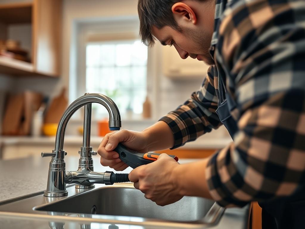 A skilled plumber working on a residential sink, showcasing a close-up of the plumbing system with tools in hand. The background should be a well-lit home kitchen, highlighting the focus on plumbing repairs and craftsmanship. The image should be hyper-realistic and detailed, emphasizing the craftsmanship and quality of the work.