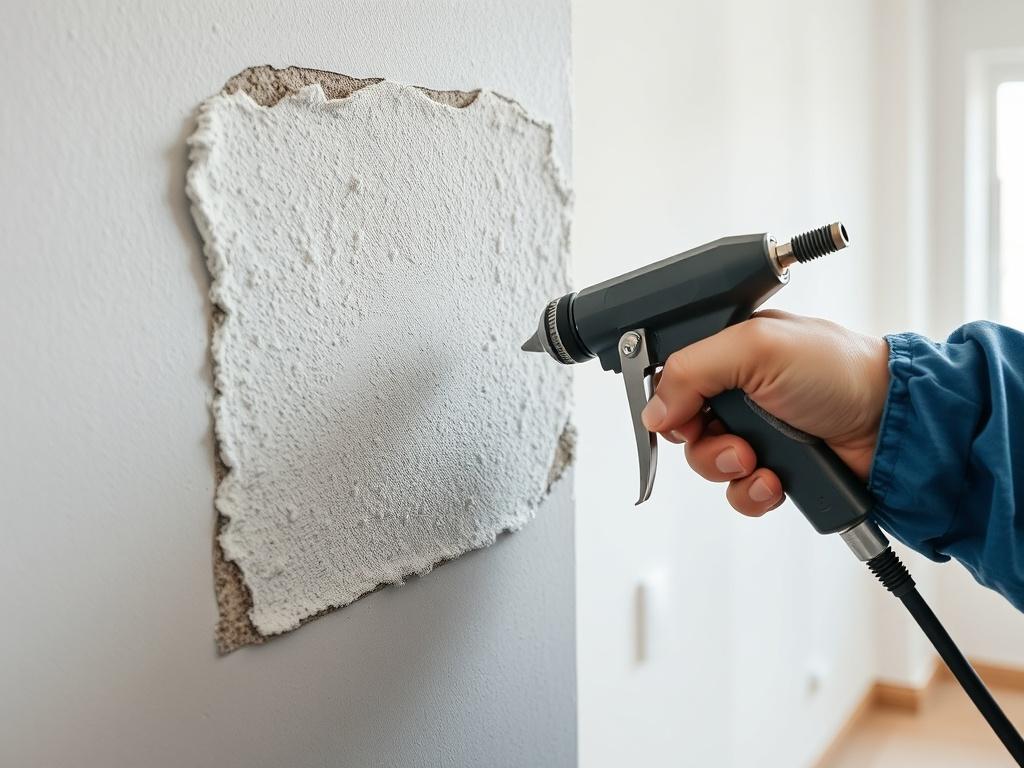 A close-up shot of a technician applying texture to a newly patched drywall area. The image captures the technician's hands using a spray gun to replicate matching texture on the wall, with a focus on the intricate details of the texture being created. The background features a partially completed room, showcasing a blend of new and existing textures.
