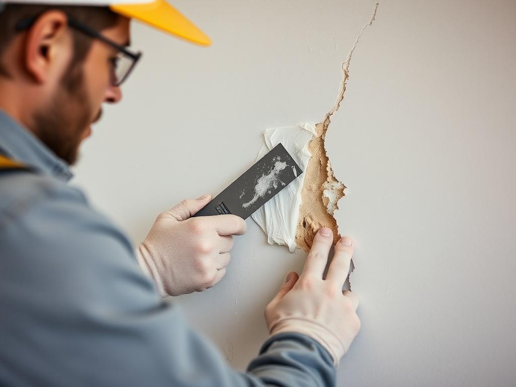 A close-up shot of a contractor skillfully repairing drywall damage in a home. The image highlights the contractor applying joint compound to a repaired area, with tools like a putty knife and sandpaper visible. The background shows a partially finished wall, emphasizing the transformation from damaged to restored, with clean lines and a smooth finish.