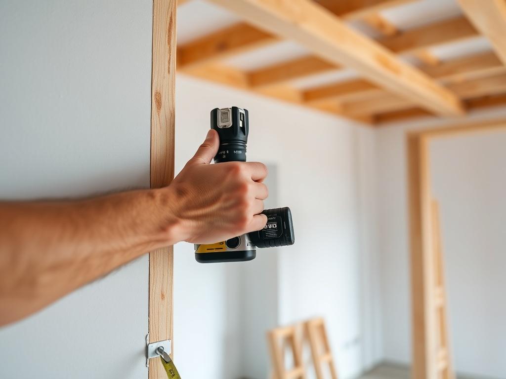 A detailed close-up shot of a professional contractor expertly installing drywall in a home interior. The image focuses on the contractor's hands as they align and secure the drywall sheets to the wall frame, with tools like a drill and tape measure visible. The background shows a partially finished room with clean lines and unfinished walls, creating a clear focus on the installation process.