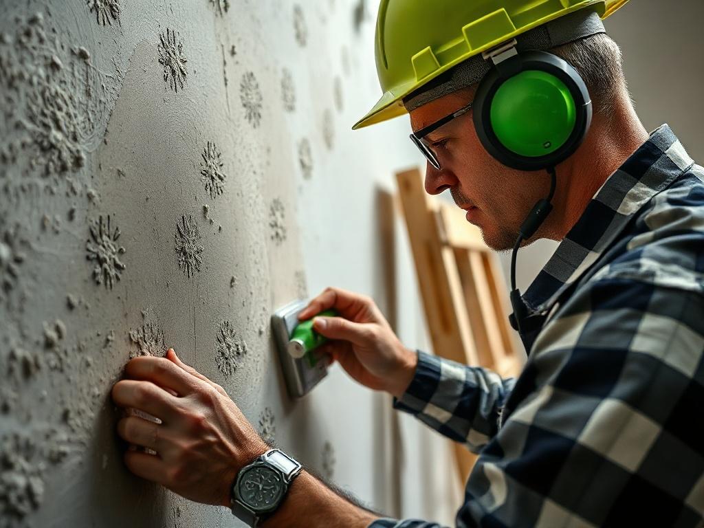 A close-up shot of a contractor applying a textured finish to drywall, showcasing the intricate patterns being created. The background includes a partially finished wall with tools and texture materials. The image captures the artistry involved in creating texture, with vibrant green accents in the surroundings to resonate with the brand.